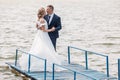 Newlyweds dancing on the bridge at the lake Royalty Free Stock Photo
