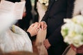 Newlyweds dress wedding ring in the church Royalty Free Stock Photo