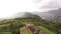 Newlyweds embrace at the Gorazda Fort on Mount Lovcen. Drone view