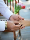 Newlyweds exchange rings, groom puts the ring on the bride's hand