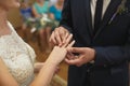 Newlyweds exchange rings, groom puts the ring on the bride`s hand in marriage registry office. Royalty Free Stock Photo