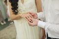 Newlyweds exchange rings, groom puts the ring on the bride`s hand in marriage registry office.