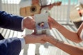 Newlyweds exchange rings, groom puts the ring on the bride& x27;s hand. Royalty Free Stock Photo