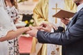 Newlyweds exchange rings during a wedding in a Catholic church