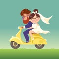 The newlyweds go on a moped.