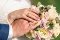 Newlyweds ` hands with rings. Wedding bouquet on the background of the hands of the bride and groom with a gold ring Royalty Free Stock Photo