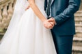 The newlyweds hold hands. Couple holding hands. Wedding in Monte Royalty Free Stock Photo