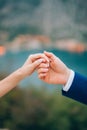 The newlyweds hold hands. Couple holding hands. Wedding in Monte Royalty Free Stock Photo