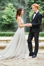 Newlyweds hold hands and Royalty Free Stock Photo