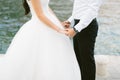 Newlyweds hold hands on the sea. Couple holding hands. Wedding i Royalty Free Stock Photo