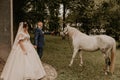 Newlyweds holding hands look and stand near a white horse Royalty Free Stock Photo