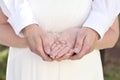 Newlyweds holding silver wedding rings in hands Royalty Free Stock Photo