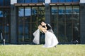 Newlyweds kiss under a veil on background willow