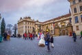 Newlyweds couple at Prague Castle square at twilight Czech Republic Royalty Free Stock Photo