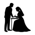 Newlyweds Sign Document: Silhouette Illustration of Couple Completing Paperwork at Table Depicting Shared Commitment Formalization Royalty Free Stock Photo