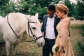 Newlyweds are standing near a white horse in nature Royalty Free Stock Photo