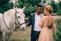 Newlyweds are standing near a white horse in nature Royalty Free Stock Photo