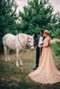 Newlyweds are standing near a white horse in nature Royalty Free Stock Photo