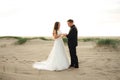 Newlyweds standing and posing on sandy beach. Bride and groom holding hands each other. Wedding day concept. Royalty Free Stock Photo