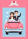 Man and Woman in Auto, Groom and Bride Vector