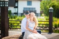 Newlyweds on a summer walk in the park. Wedding Ukrainian couple in Dnieper