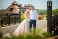 Newlyweds on a summer walk in the park. Wedding Ukrainian couple in Dnieper