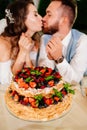 newlyweds with a traditional wedding cake. End of the holiday. Royalty Free Stock Photo