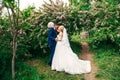 The newlyweds are walking in the park on the wedding day. The bride and groom Enjoying at the wedding day. Sunny weather. Royalty Free Stock Photo