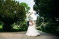 The newlyweds are walking in the park on the wedding day. The bride and groom Enjoying at the wedding day. Sunny weather. Royalty Free Stock Photo