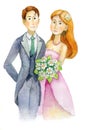 Newlyweds, wedding, bride and groom, engaged couple, Wedding Party invitation, greeting card, watercolor, aquarelle Royalty Free Stock Photo