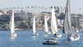 NEWPORT BEACH, CALIFORNIA, USA - 03 NOV 2019: Marina resort with yachts and sailboats, Pacific coast near Los Angeles. Regatta of