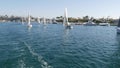 NEWPORT BEACH, CALIFORNIA, USA - 03 NOV 2019: Marina resort with yachts and sailboats, Pacific coast near Los Angeles. Regatta of