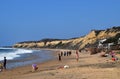 A landscape view of the beach and large cliff at Crystal Cove in Newport Coast, California