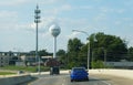 Newport, Delaware, U.S - October 15, 2023 - The traffic on Route 141 North and the water tower of the town