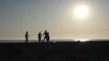 NEWPORT, LOS ANGELES CA USA - 3 NOV 2019: California summertime beach, young men playing roundnet or spike ball game with Royalty Free Stock Photo