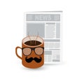 Daily newspaper and hot coffee mug with mustache and eyeglasses