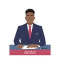 News anchor. Cartoon black male newsreader character. Television industry