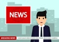 News Anchor on TV Breaking News background. Man in suit and tie. vector illustration in flat design. Royalty Free Stock Photo