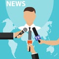 News concept with microphones. Journalists hands holding microphones performing interview. Media tv and interview, information for