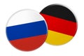 Russia Flag Button On Germany Flag Button, 3d illustration on white background Royalty Free Stock Photo