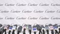 News conference of CARTIER, press wall with logo as a background and mics, editorial 3D rendering