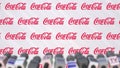 News conference of COCA-COLA company, press wall with logo as a background and mics, editorial 3D rendering