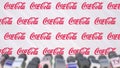 News conference of COCA-COLA company, press wall with logo as a background and mics, editorial 3D rendering