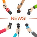 News, journalism concept. Hands with microphones and dictaphones