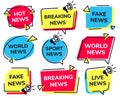 News label. Breaking, live sport and fake news badges vector set