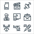 news line icons. linear set. quality vector line set such as interview, helicopter, drone, letter, tv, reporter, satellite dish,