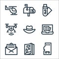 news line icons. linear set. quality vector line set such as memory card, magazine, letter, laptop, fedora hat, drone, usb,