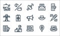 News line icons. linear set. quality vector line set such as radio, laptop, newspaper, interview, reporter, fedora hat, typing,