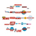 News live breaking label icons set, flat style