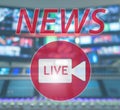 News Live. Broadcast studio on air. Media sound, radio and television record on monitors blurred background. Royalty Free Stock Photo